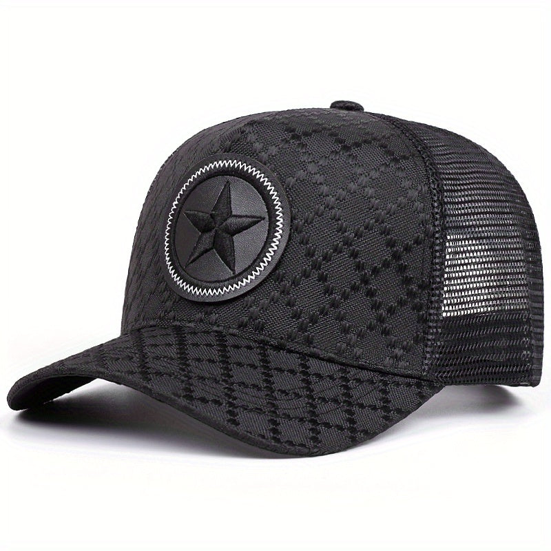 Men's Flat Top Baseball Cap - Adjustable Hip Hop Style, Breathable Polyester Knit Fabric, Black with White Star Logo, Outdoor Sports Hat for Casual Wear, Hip Hop Accessory | Urban Fashion Cap | Comfortable Fit Cap Men's Flat Top Baseball Cap - Adjustable Hip Hop Style, Breathable Polyester Knit Fabric, Black with White Star Logo, Outdoor Sports Hat for Casual Wear, Hip Hop Accessory | Urban Fashion Cap | Comfortable Fit Cap